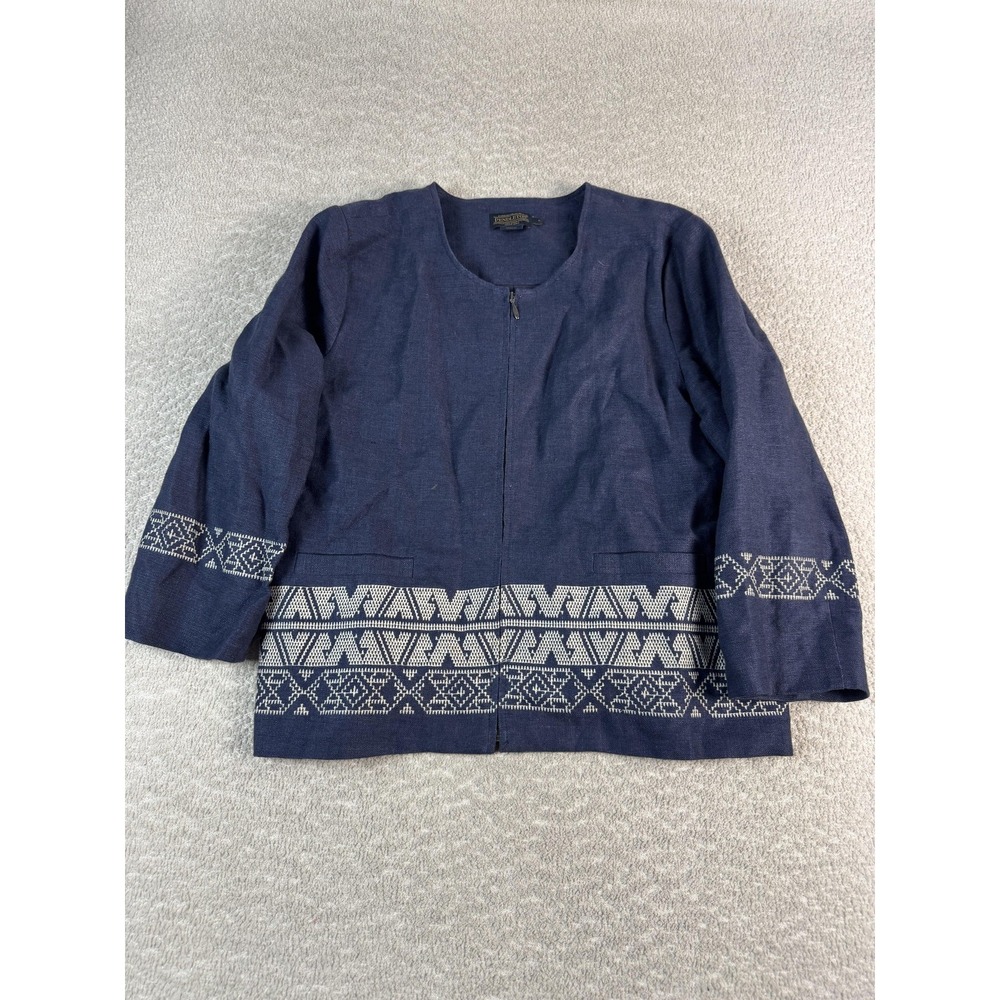 Pendleton Jacket Womens Large Blue Linen Zip Front Southwestern Aztec Border‎